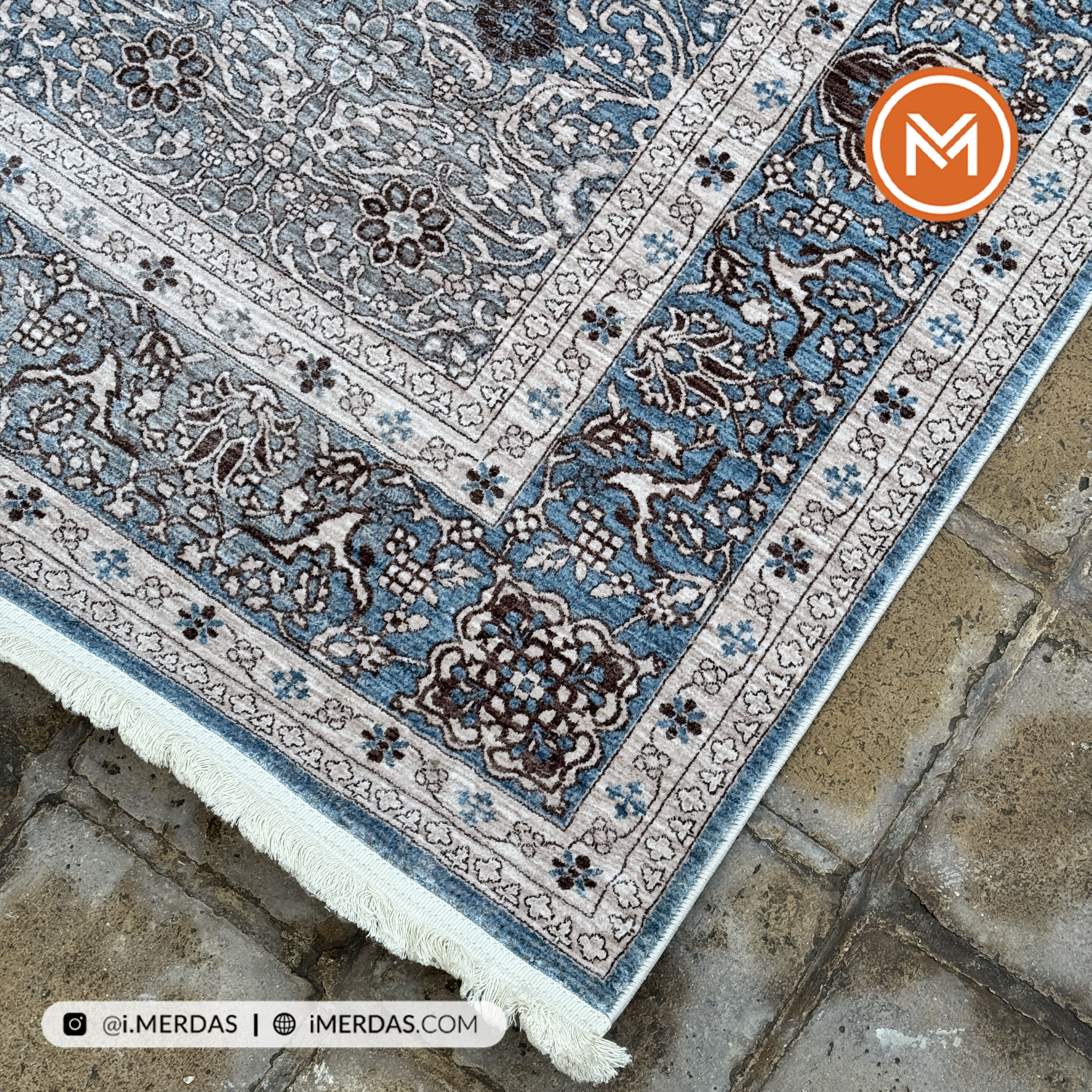 فرش وینتیج کد 76007 زمینه آبی قهوه ای